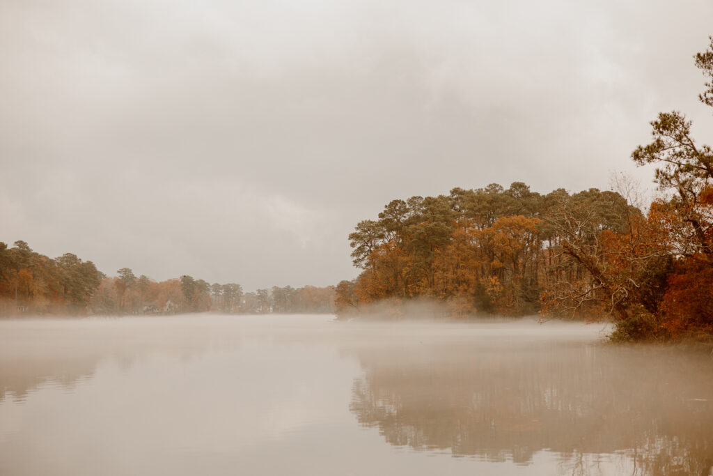 A lake in Virginia Beach during the fall with a layer of fog.